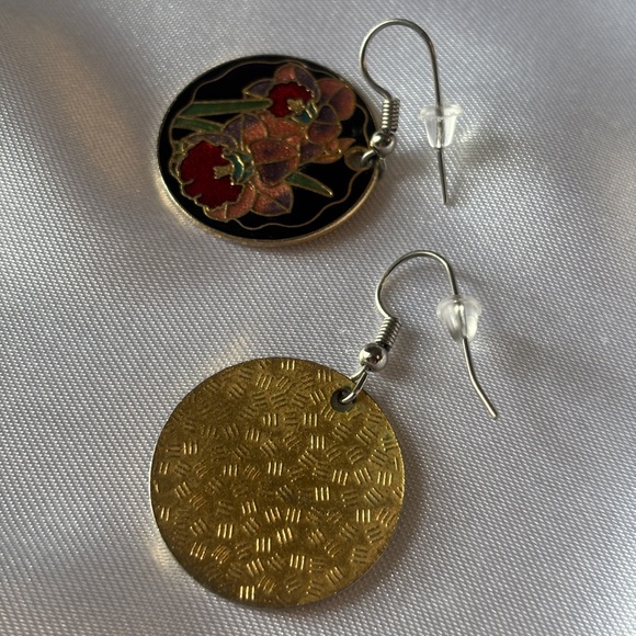 EUC Vintage Cloisonné Floral Gold-Tone Enamel Drop Dangle Earrings with Orchids - Picture 6 of 11